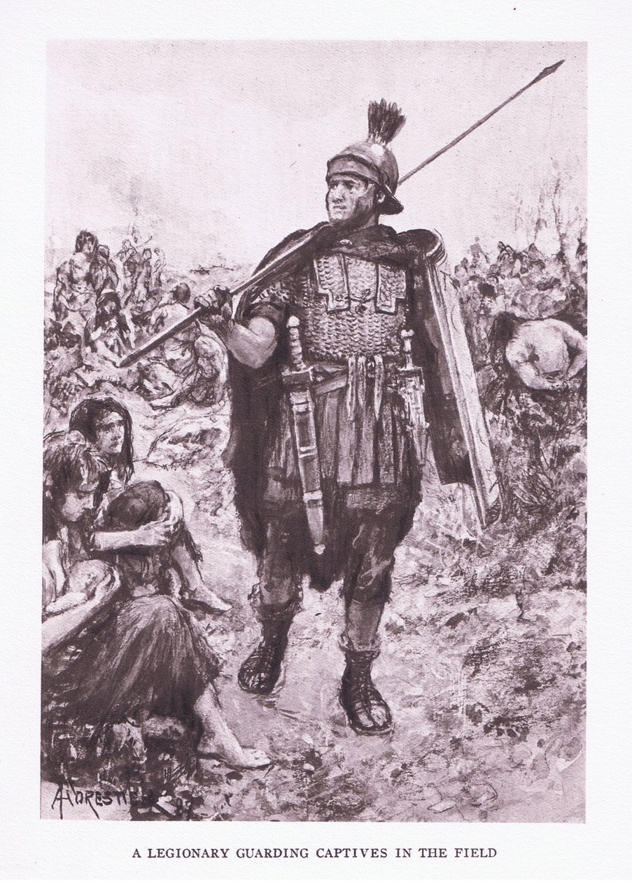 En legionær som vokter fanger i et felt, illustrasjon fra The Roman Soldier, 1928 av Amedee Forestier