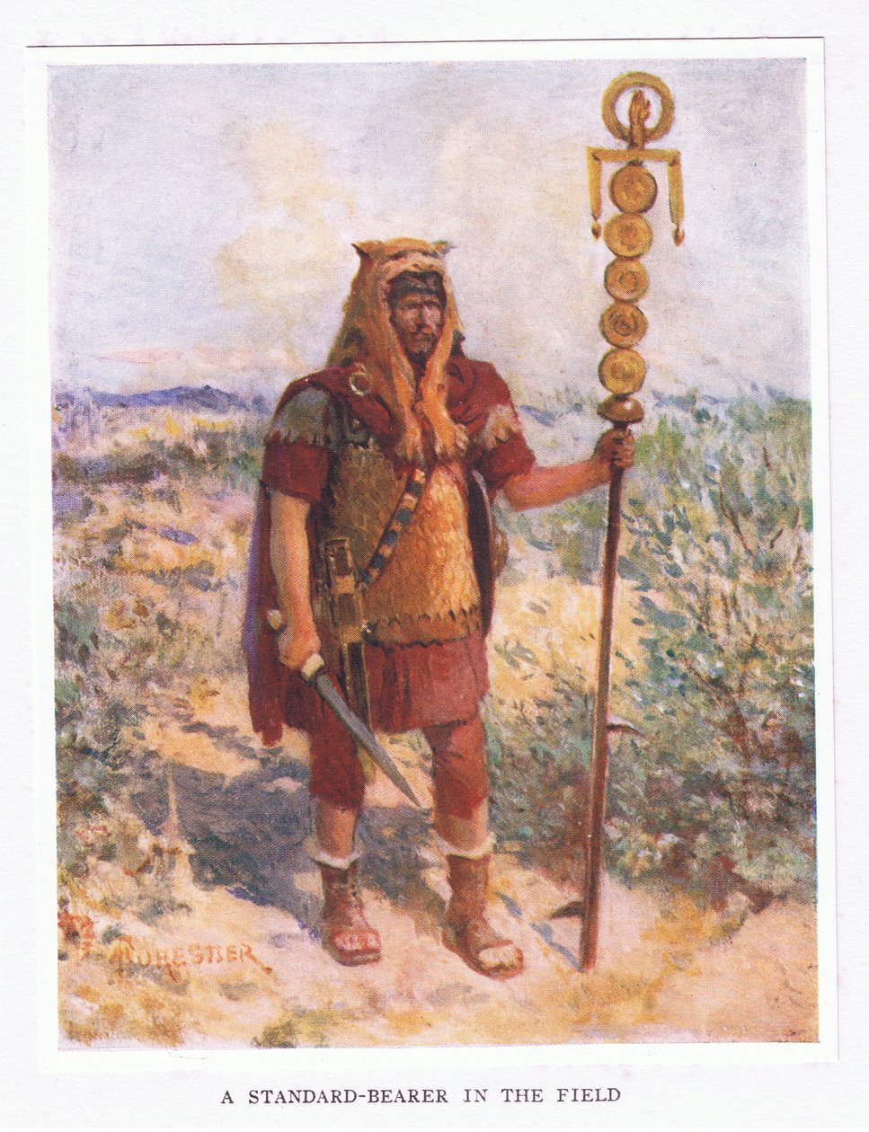 En fanebærer i felten, illustrasjon fra The Roman Soldier, 1928 av Amedee Forestier