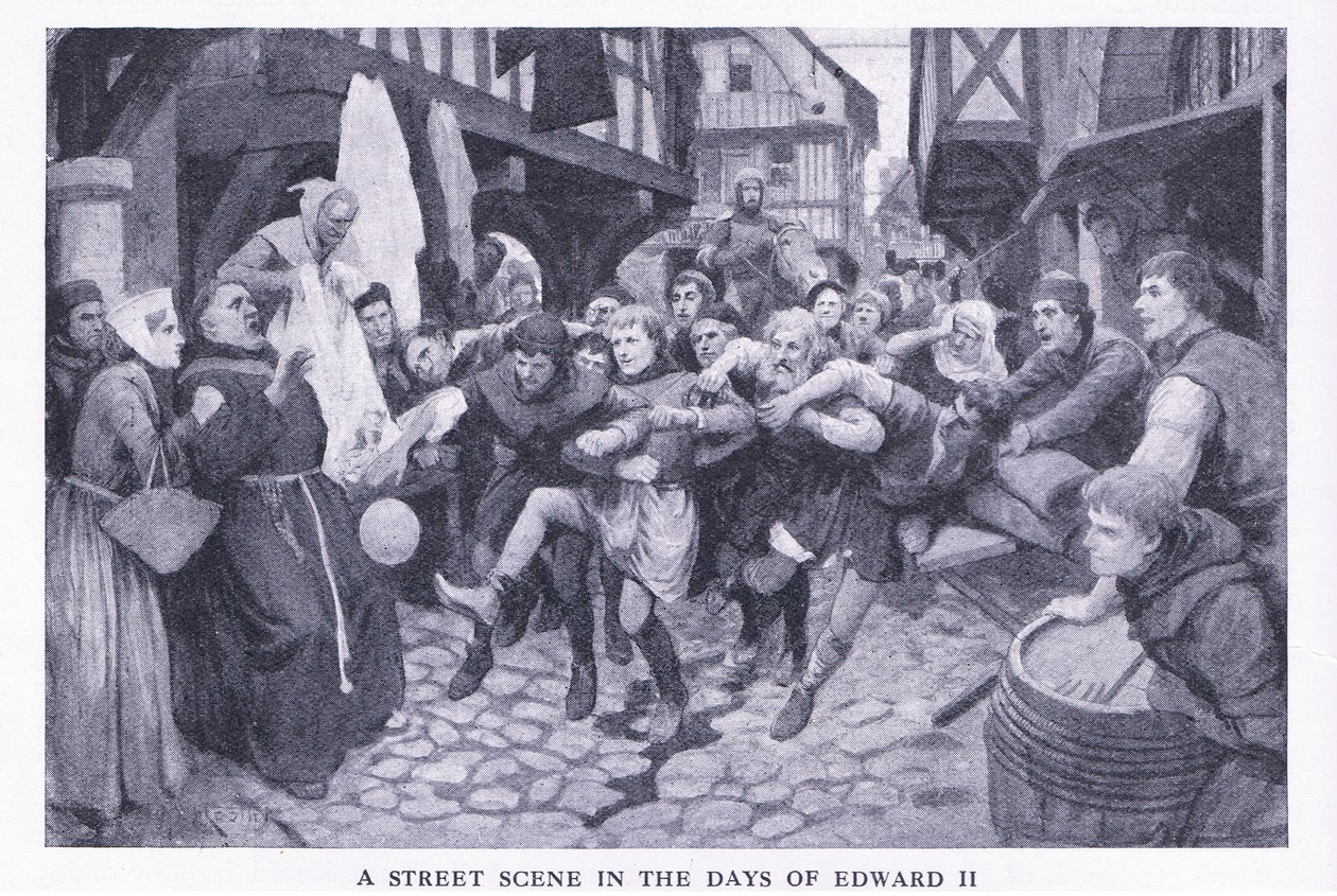 En gatescene i Edward IIs dager, fra Cassells History of the British People utgitt av Waverley Book Company Limited, ca. 1940 av Amedee Forestier