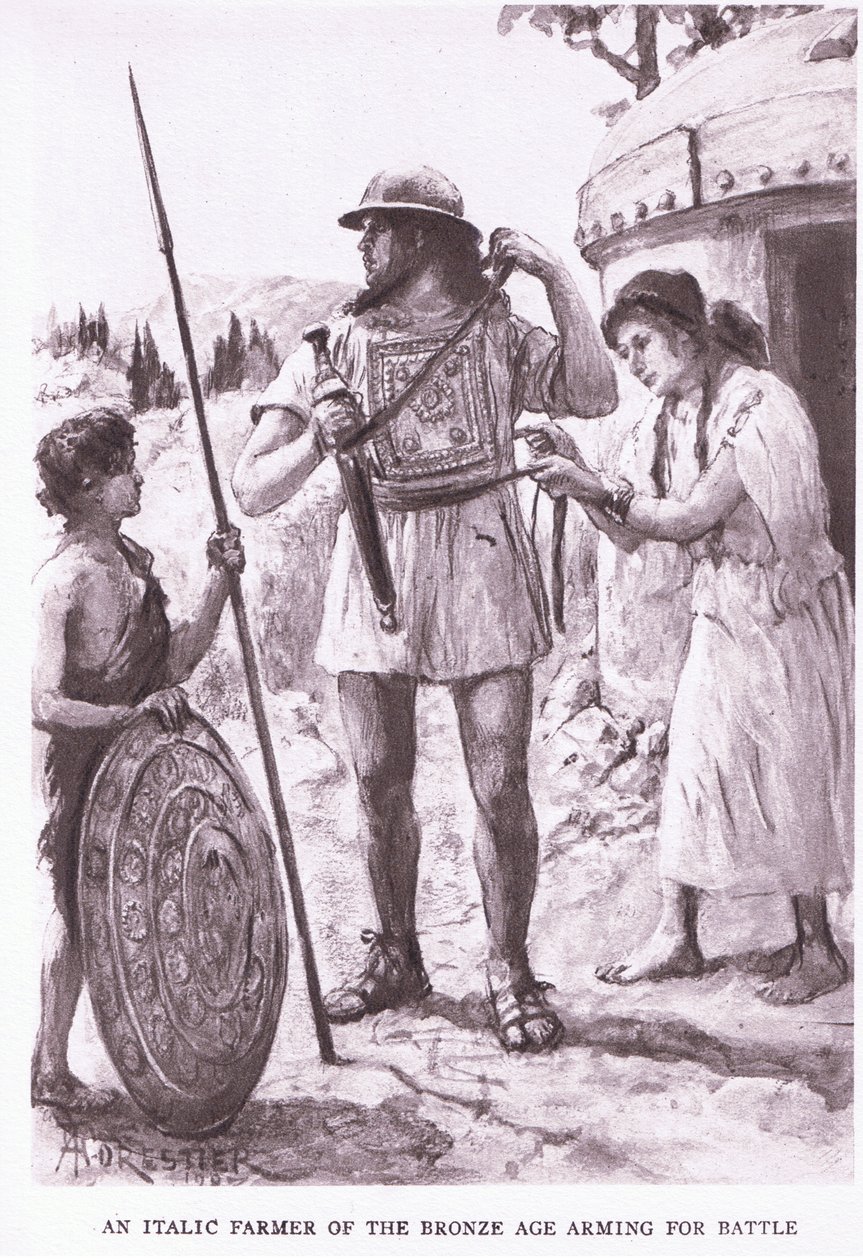 En kursiv bonde fra bronsealderen, illustrasjon fra 'The Roman Soldier' av Amedee Forestier