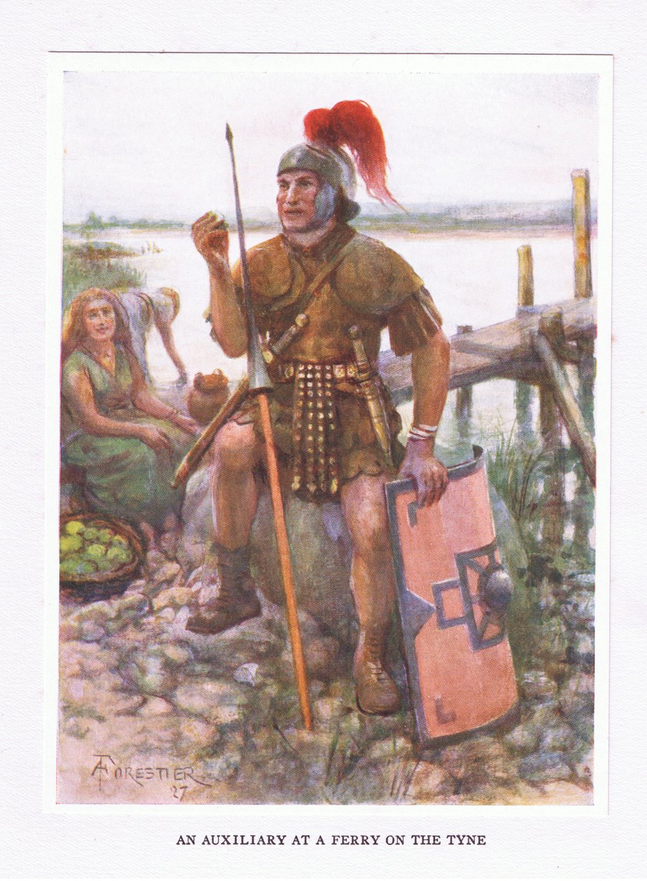 En hjelpemann ved en ferge på Tyne, illustrasjon fra The Roman Soldier, 1928 av Amedee Forestier