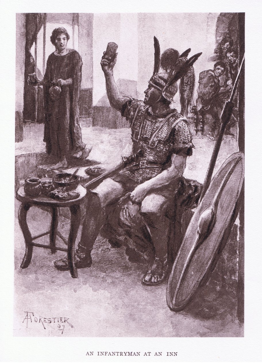 En infanterist på et vertshus, illustrasjon fra The Roman Soldier, 1928 av Amedee Forestier
