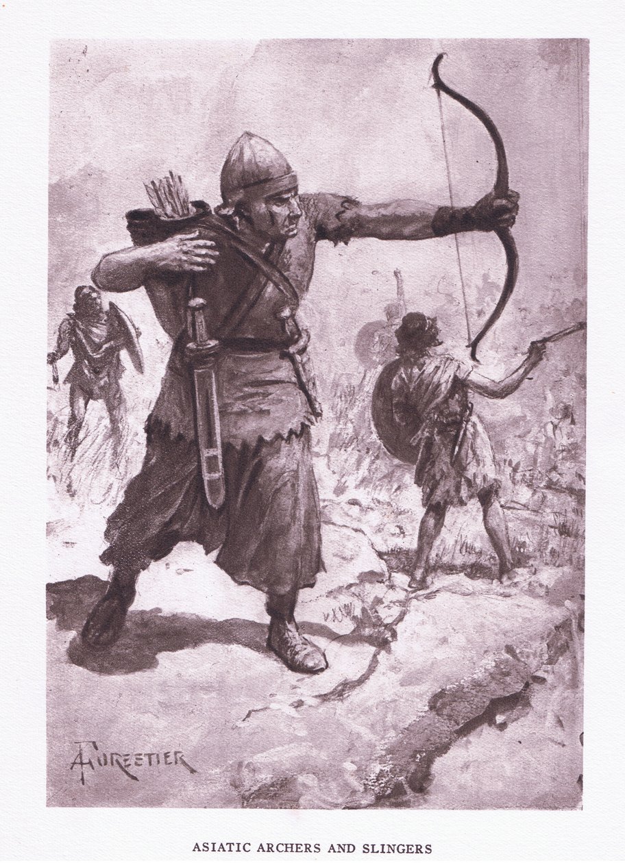 Asiatiske bueskyttere og anhengere, illustrasjon fra The Roman Soldier, 1928 av Amedee Forestier