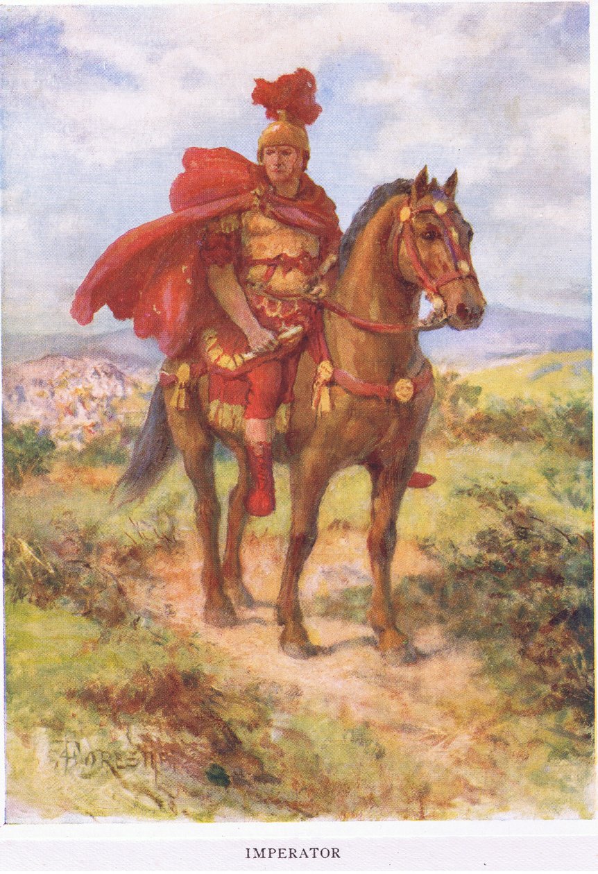 Imperator: opprinnelig, som her, ble den seirende romerske generalen hyllet av sine soldater i felten. Senere ble tittelen reservert kun for keisere, illustrasjon fra The Roman Soldier, 1928 (colou av Amedee Forestier