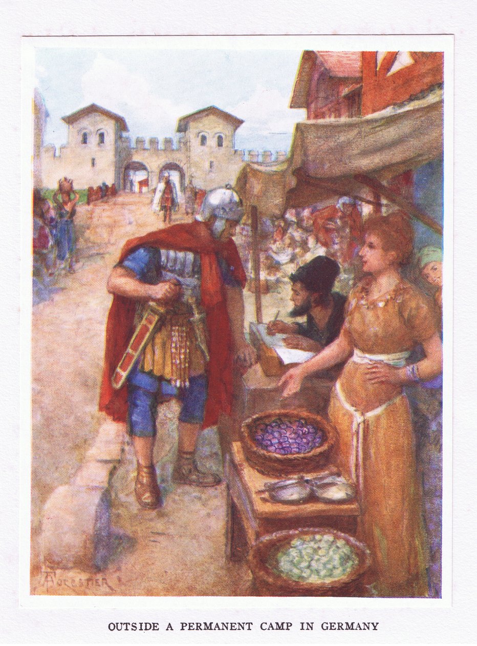 Utenfor en permanent leir i Tyskland, illustrasjon fra The Roman Soldier, 1928 av Amedee Forestier