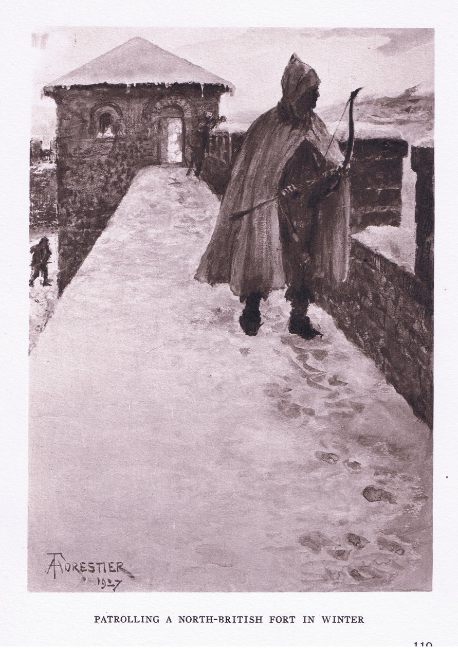 Patruljerer et nord-britisk fort om vinteren, illustrasjon fra The Roman Soldier, 1928 av Amedee Forestier