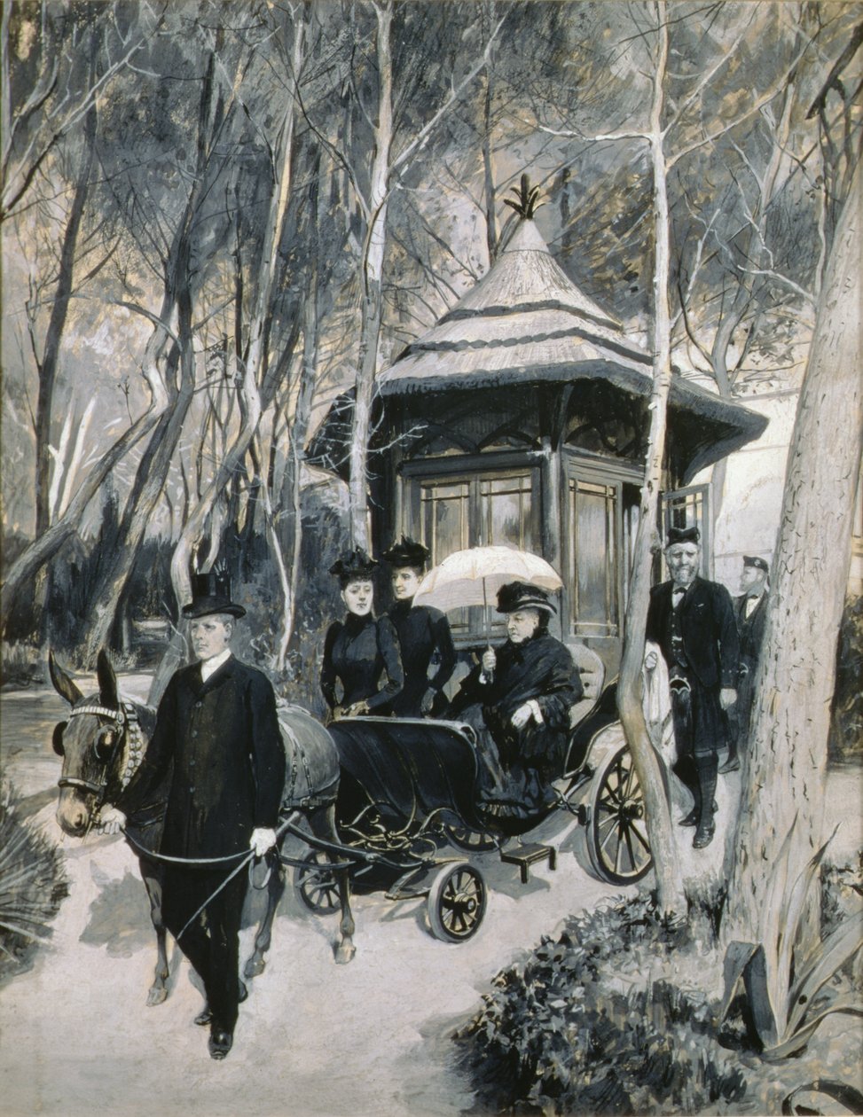 Dronning Victoria sykler i en muldyrvogn med John Brown til stede (grisaille) av Amedee Forestier