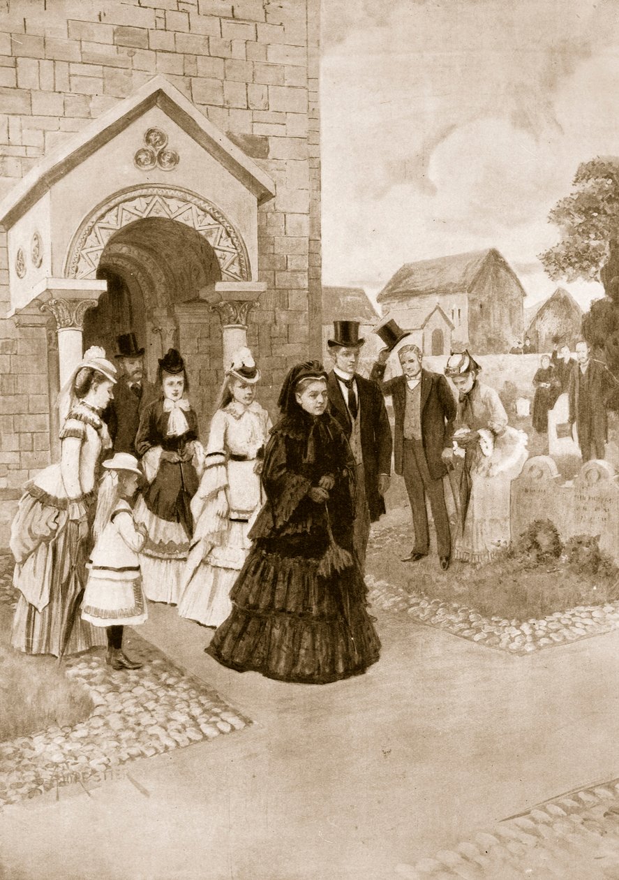 Dronning Victorias liv i Osborne: Hennes Majestet ved Whippingham Church, fra 'The Illustrated London News', 1901 av Amedee Forestier