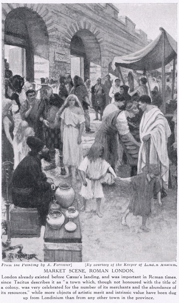 Romersk markedsscene, London, illustrasjon fra 'Hutchinson's History of the Nations', ca. 1910 av Amedee Forestier