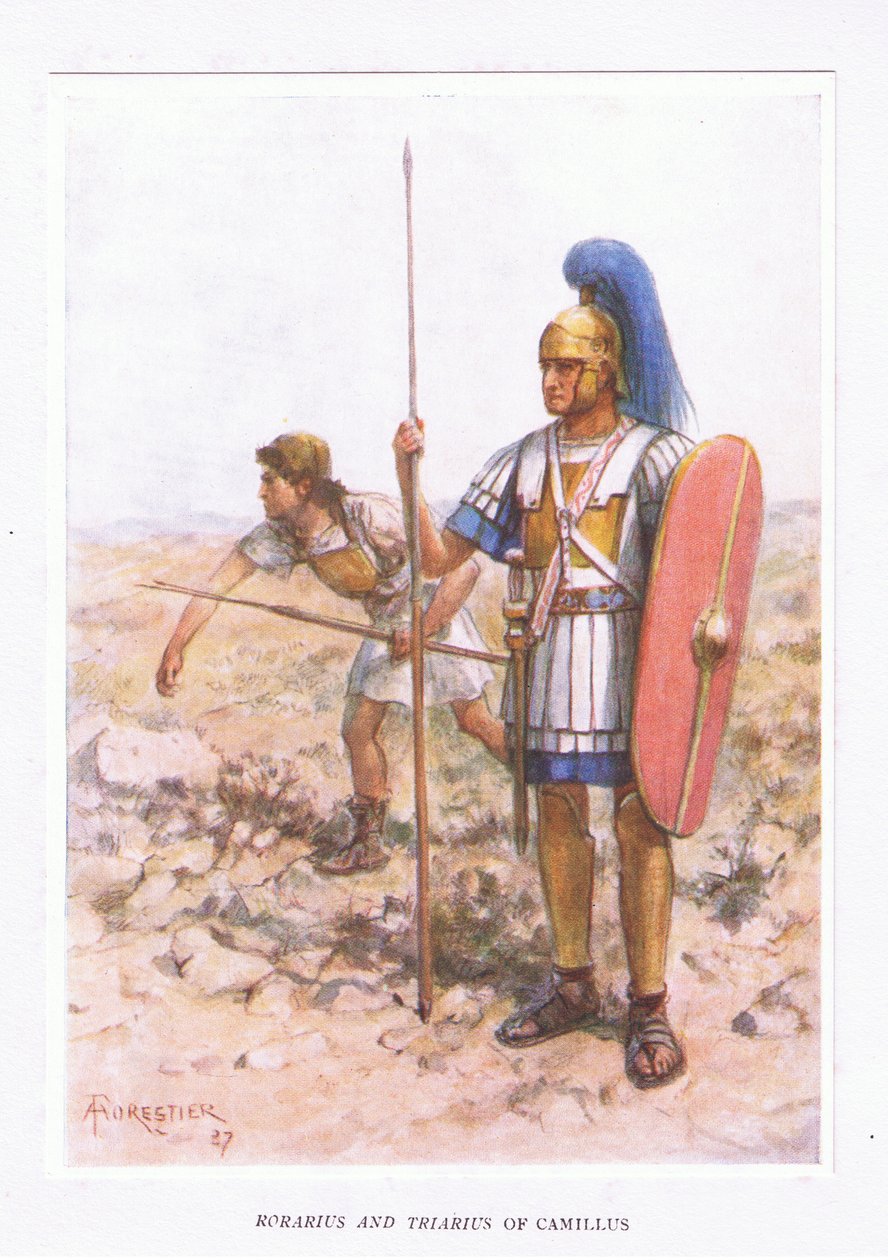Rorarius og Triarius ved Camillus, illustrasjon fra The Roman Soldier, 1928 av Amedee Forestier