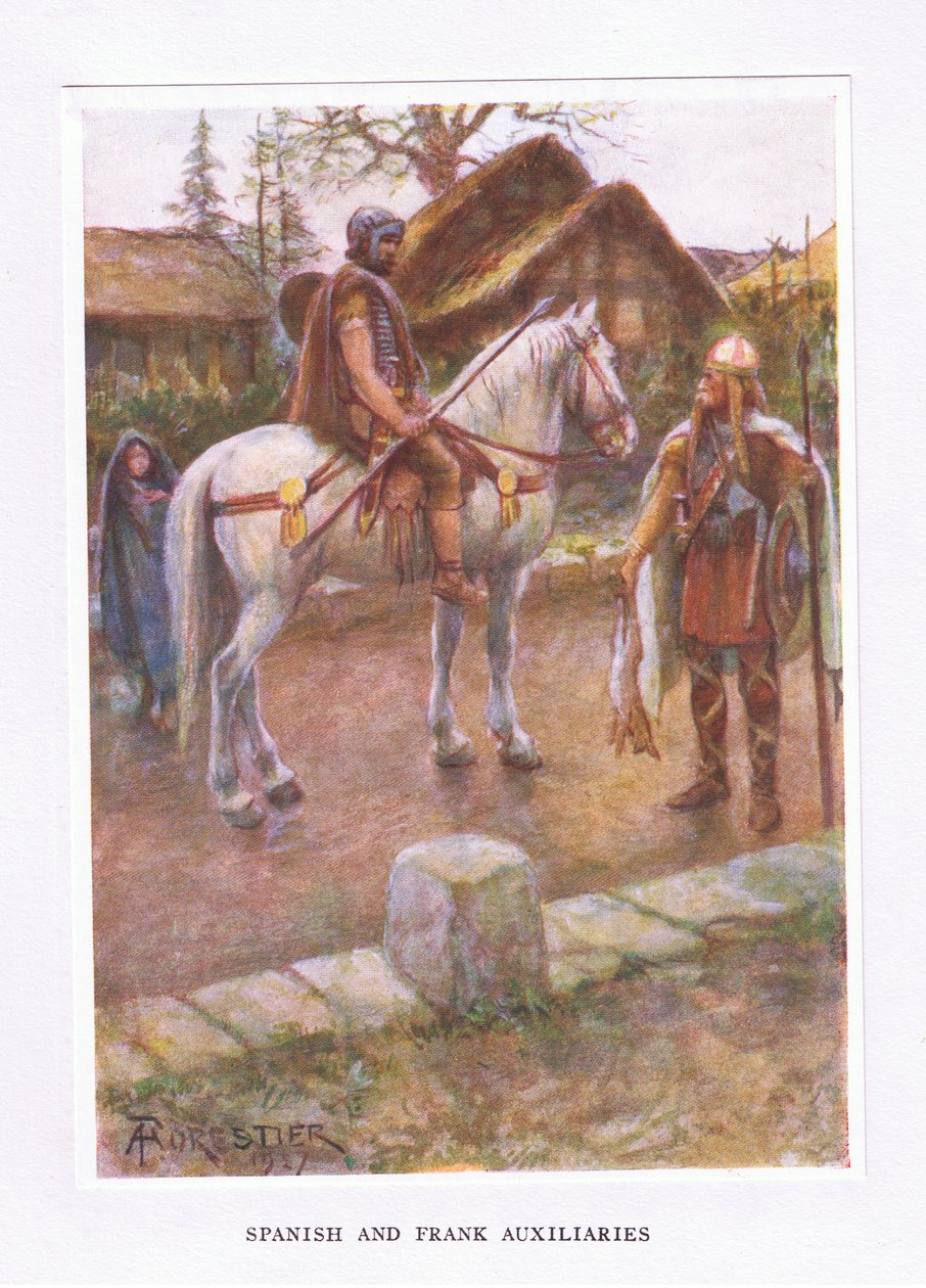 Spanske og franke hjelpemenn, illustrasjon fra The Roman Soldier, 1928 av Amedee Forestier