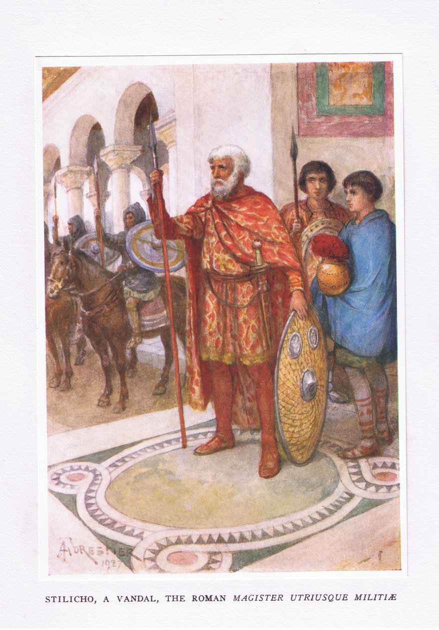 Stiliko, en vandal, The Roman Magister Utriusque Militiae, illustrasjon fra The Roman Soldier, 1928 av Amedee Forestier