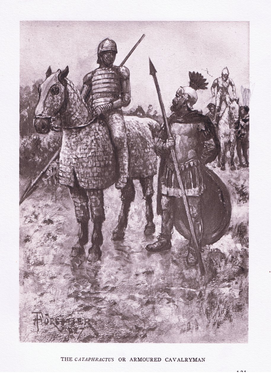 Cataphractus eller pansret kavalerist, illustrasjon fra The Roman Soldier, 1928 av Amedee Forestier