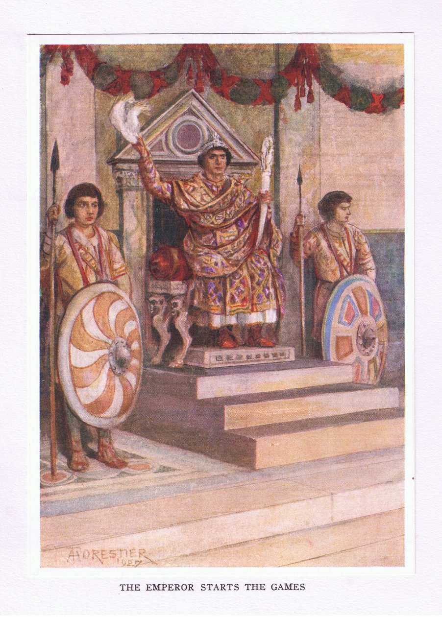 Keiseren startet spillene, illustrasjon fra The Roman Soldier, 1928 av Amedee Forestier