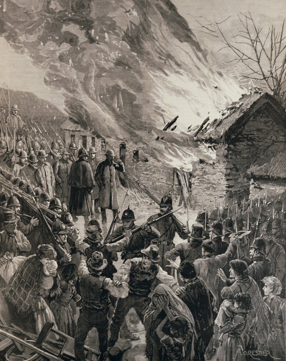 The Rent War in Ireland: Burning the Houses of Evicted Tenants at Glenbeigh, County Derry, fra 