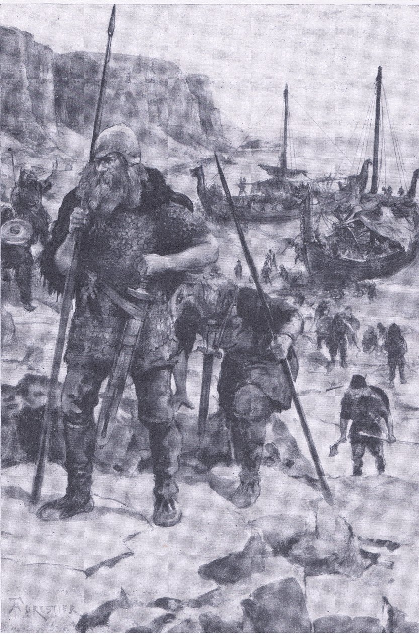 The Vikings Find America, fra My Magazine, pub.1922 (litho) av Amedee Forestier