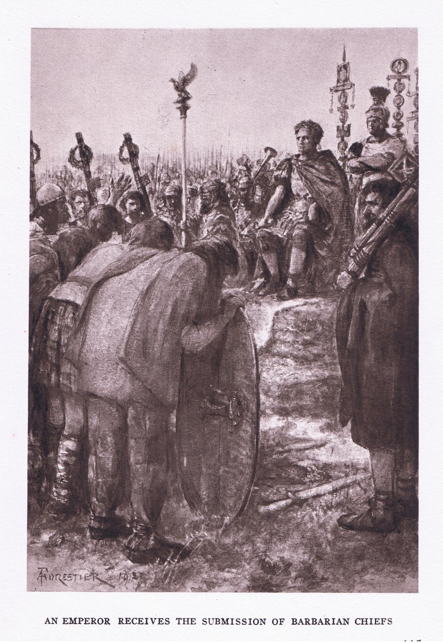Keiseren mottar underkastelse av barbarhøvdinger, illustrasjon fra den romerske soldaten, 1928 av Amedee Forestier