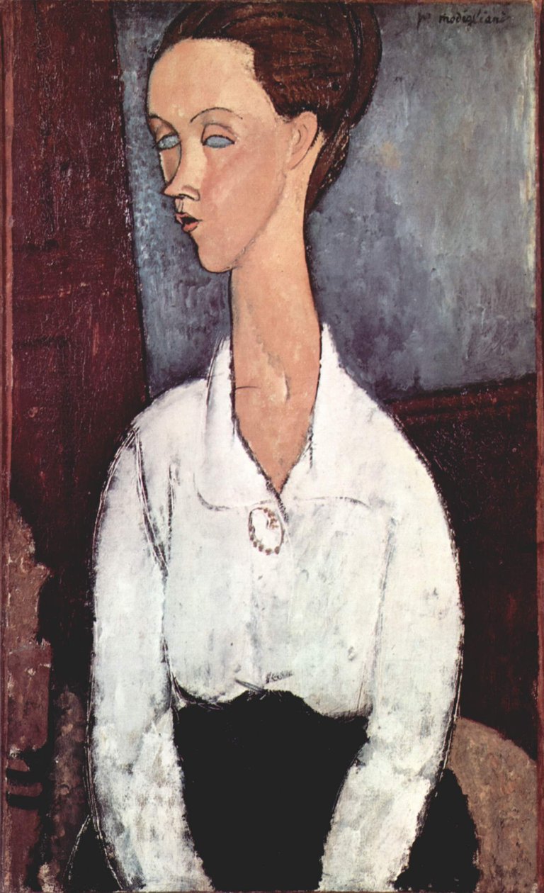 Portrett av Lunia Czechowska med en hvit bluse av Amedeo Modigliani