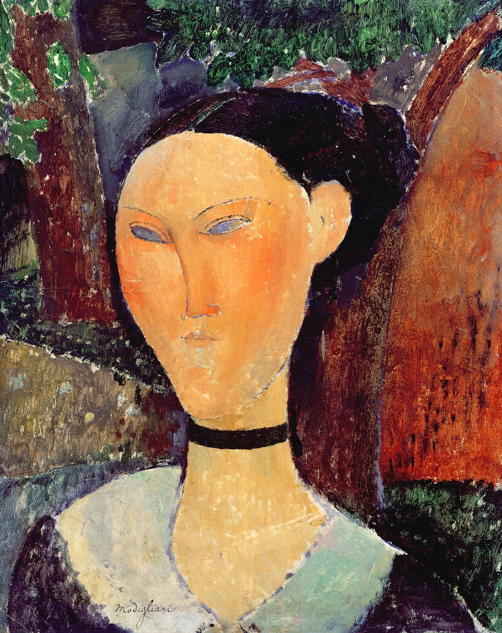 Kvinne med fløyelshalsbånd, ca. 1915 av Amedeo Modigliani