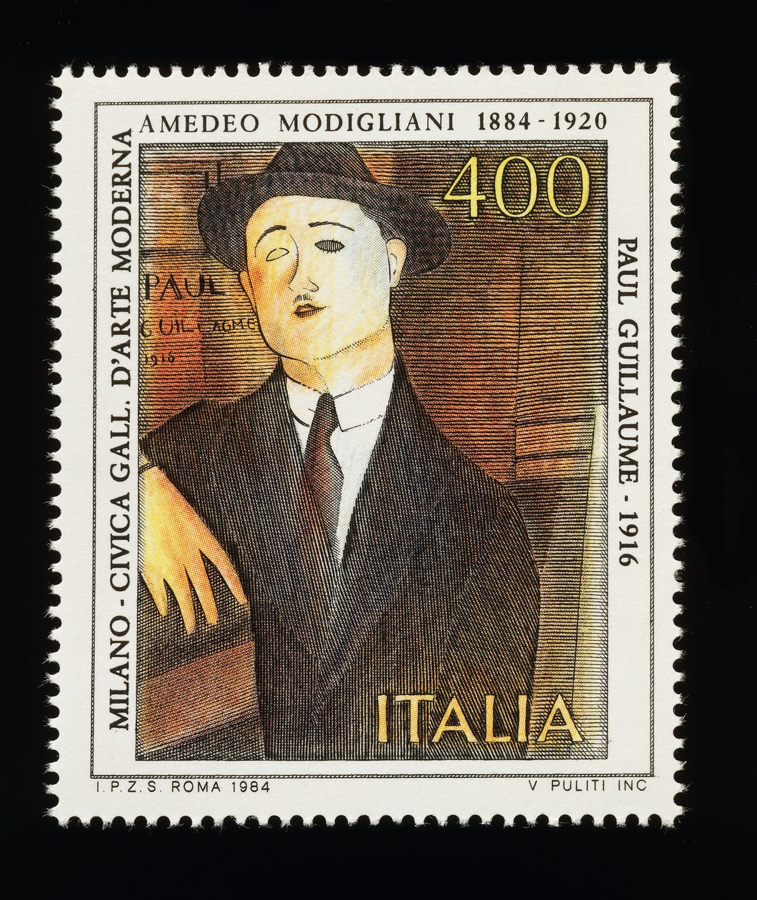 Frimerke fra italiensk kunstserie som hedrer Amedeo Modigliani (1884-1920), som viser Portrait of Paul Guillaume (1916), 400-lire frimerke av Amadeo (after) Modigliani