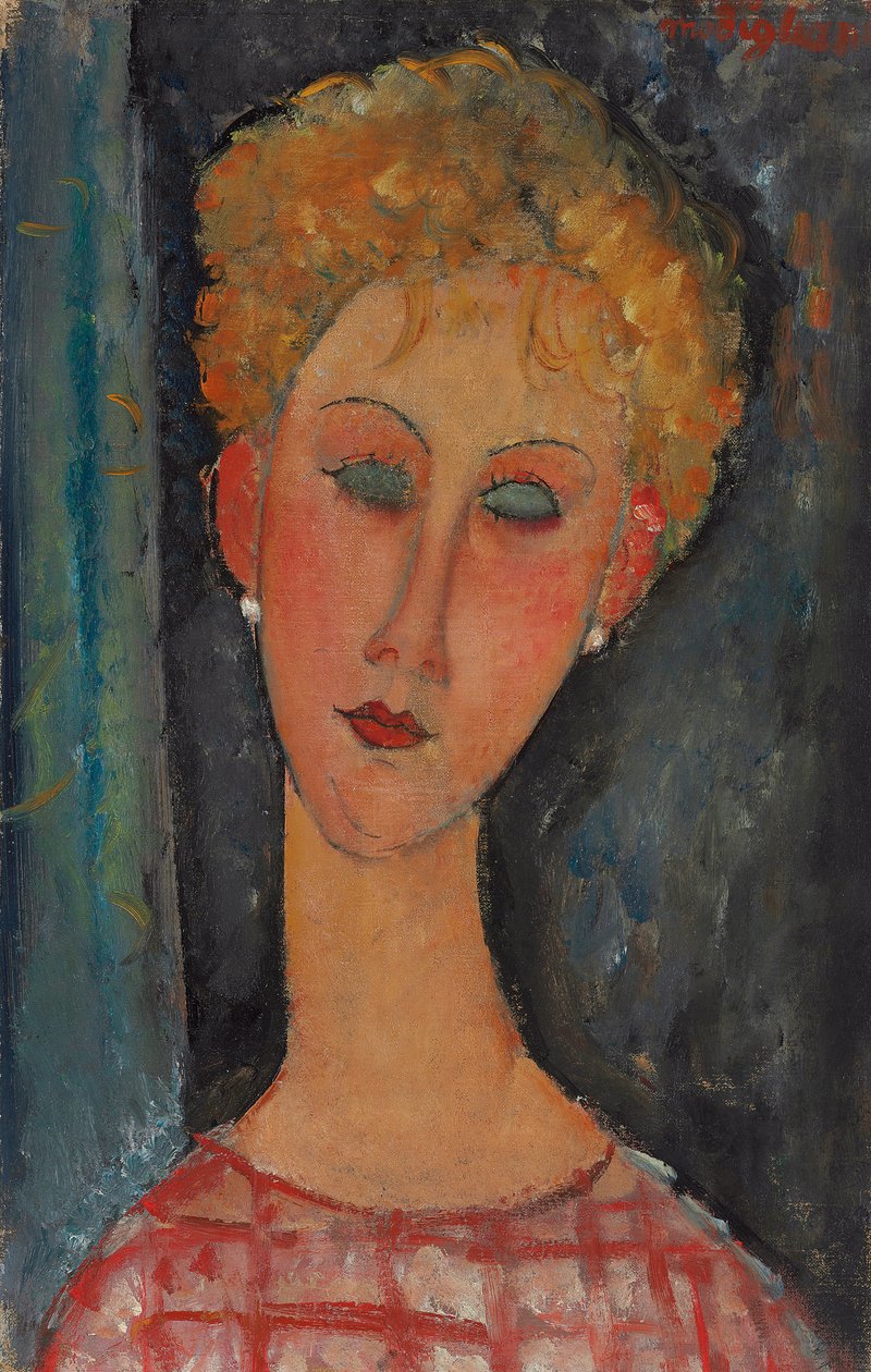 Blond kvinne med krøllete hår; Blondinen med øredobber, ca. 1918-1919 av Amedeo Modigliani
