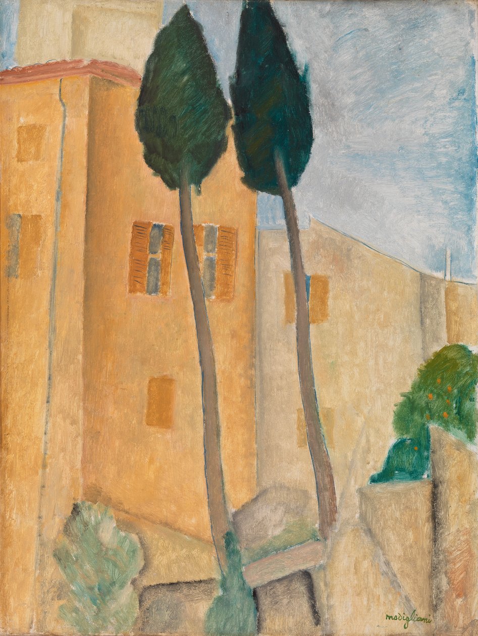 Sypresser og hus i Cagnes av Amedeo Modigliani