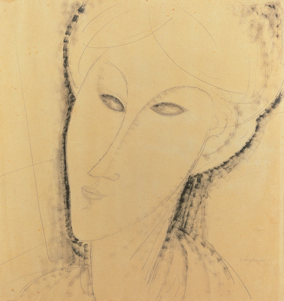 Hodet til en kvinne (penn, pensel, blekk og blyant på papir) av Amedeo Modigliani