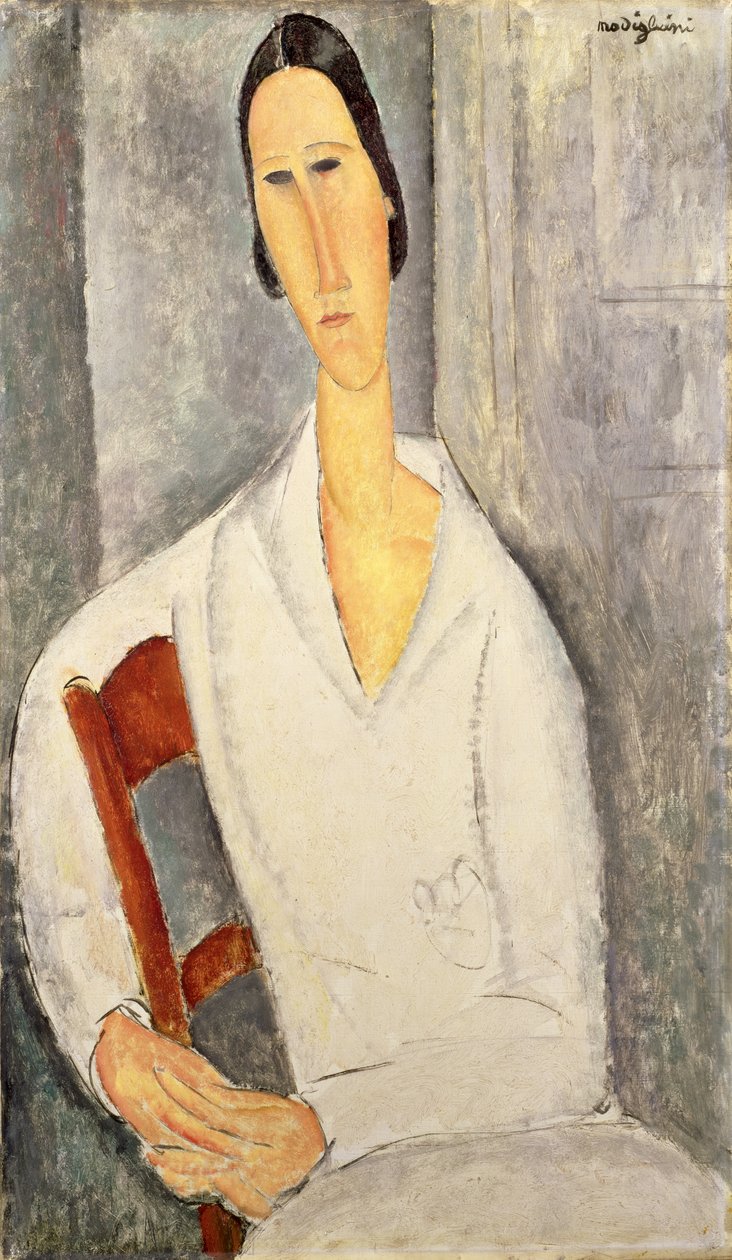 Madame Hanka Zborowska lener seg på en stol (Madame Hanka Zborowska accoudée à une chaise) 1919 (olje på lerret) av Amedeo Modigliani
