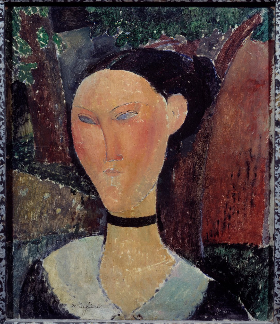 Portrett av kvinne med fløyelsbånd, maleri av Amedeo Modigliani (1884-1920) 1915 Søn. 0,54x0,45 m Paris, Musee de l