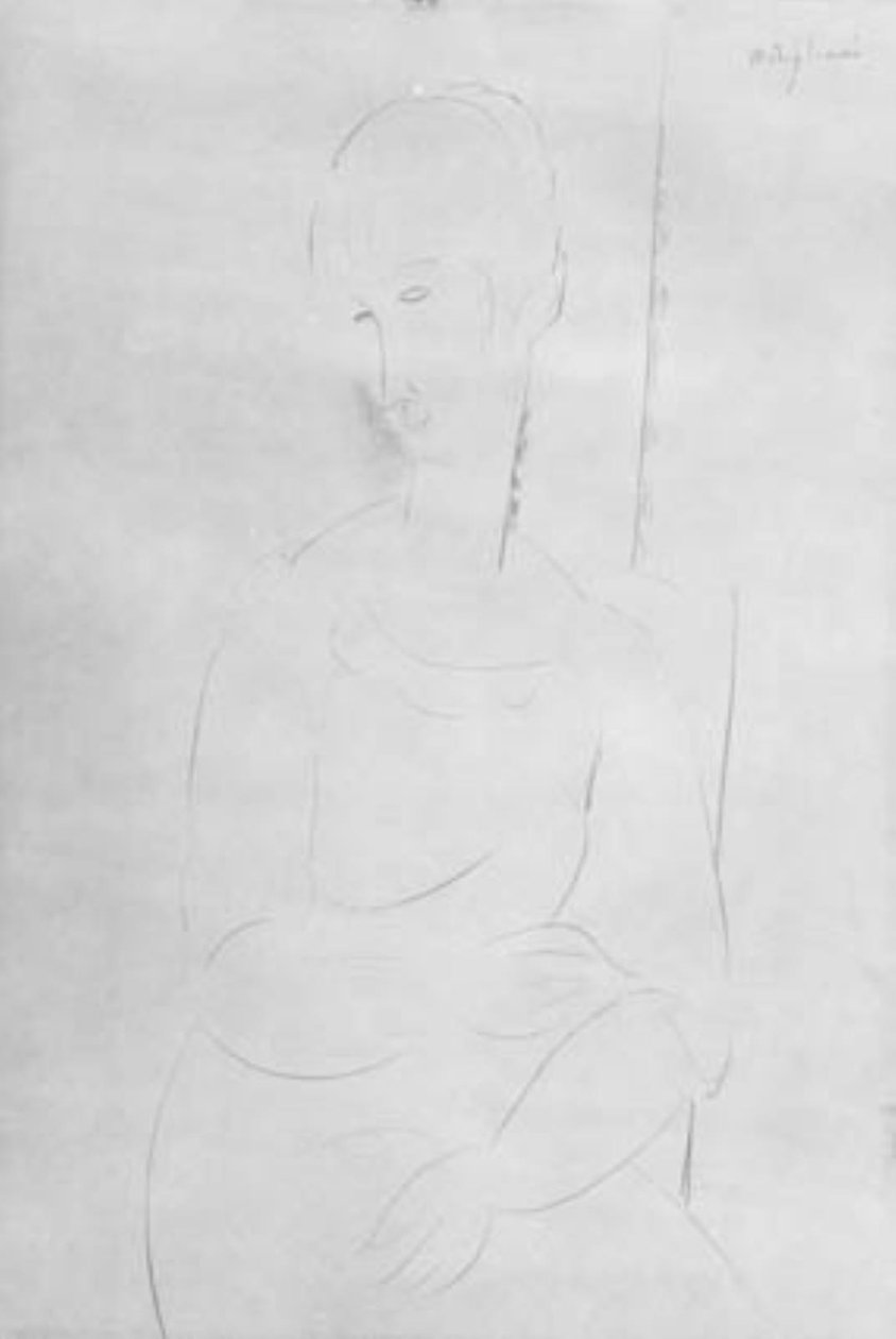 Portrett av en sittende ung jente. Knelende portrett, hode til venstre av Amedeo Modigliani