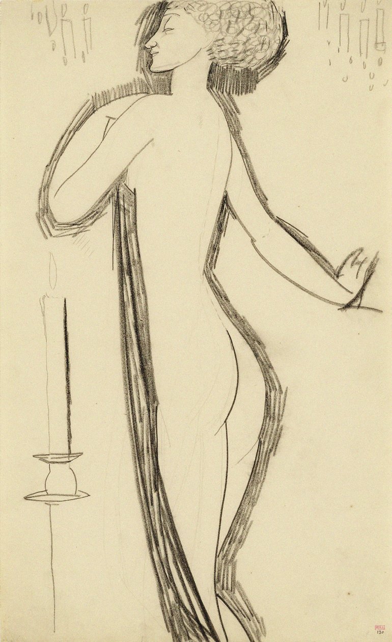 Stående kvinne naken i profil med tente stearinlys, ca. 1911 av Amedeo Modigliani