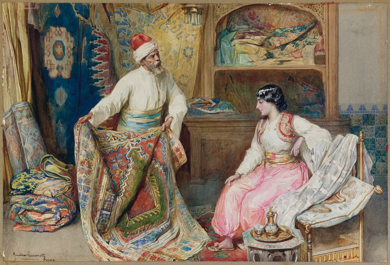 The Carpet Merchant (blyant, w/c og gouache på papir) av Amedeo Momo Simonetti