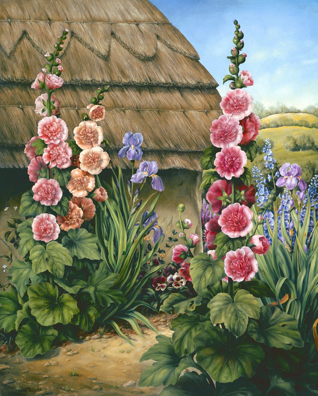 Cottage Garden with Hollyhocks, 1995 av Amelia Kleiser