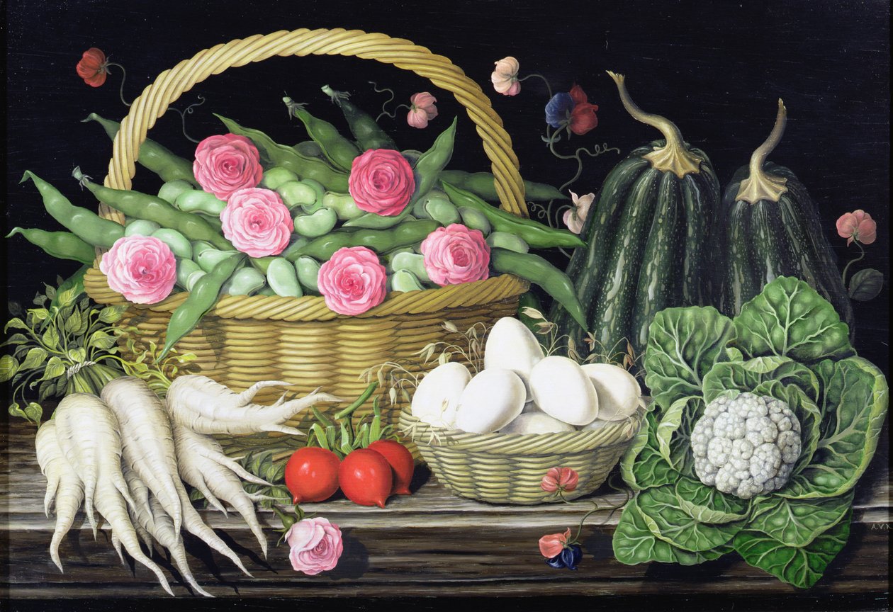 Egg, bondebønner og roser i kurv, 1995 av Amelia Kleiser