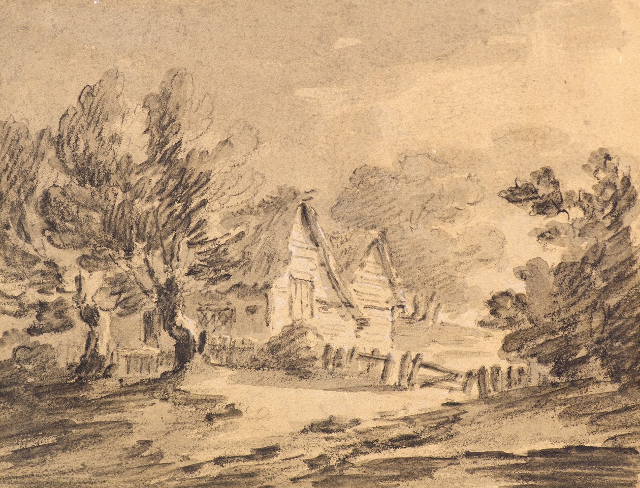 Hytte i et landskap, ca. 1805 (kritt, kull og vask) av Amelia Long