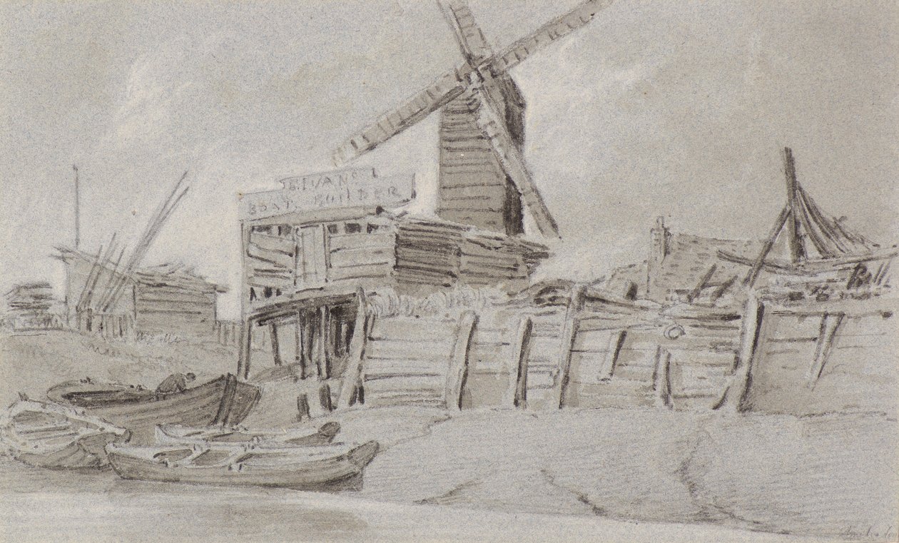 Vindmølle og båtgård, ca. 1803 (kull, blyant og vask) av Amelia Long