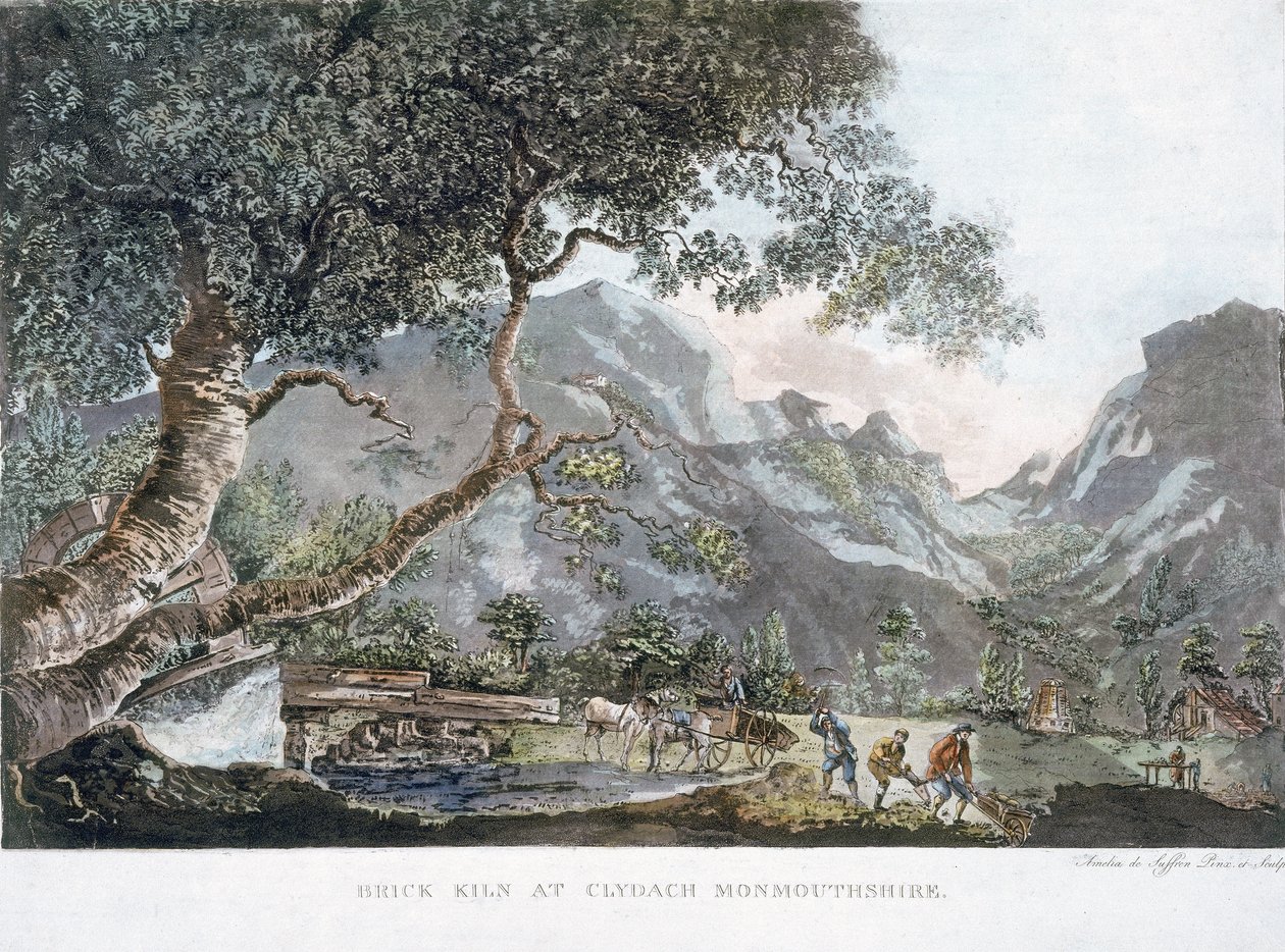 Brick Kiln i Clydach, Monmouthshire, 1795 (farget akvatint) av Amelia de Suffren