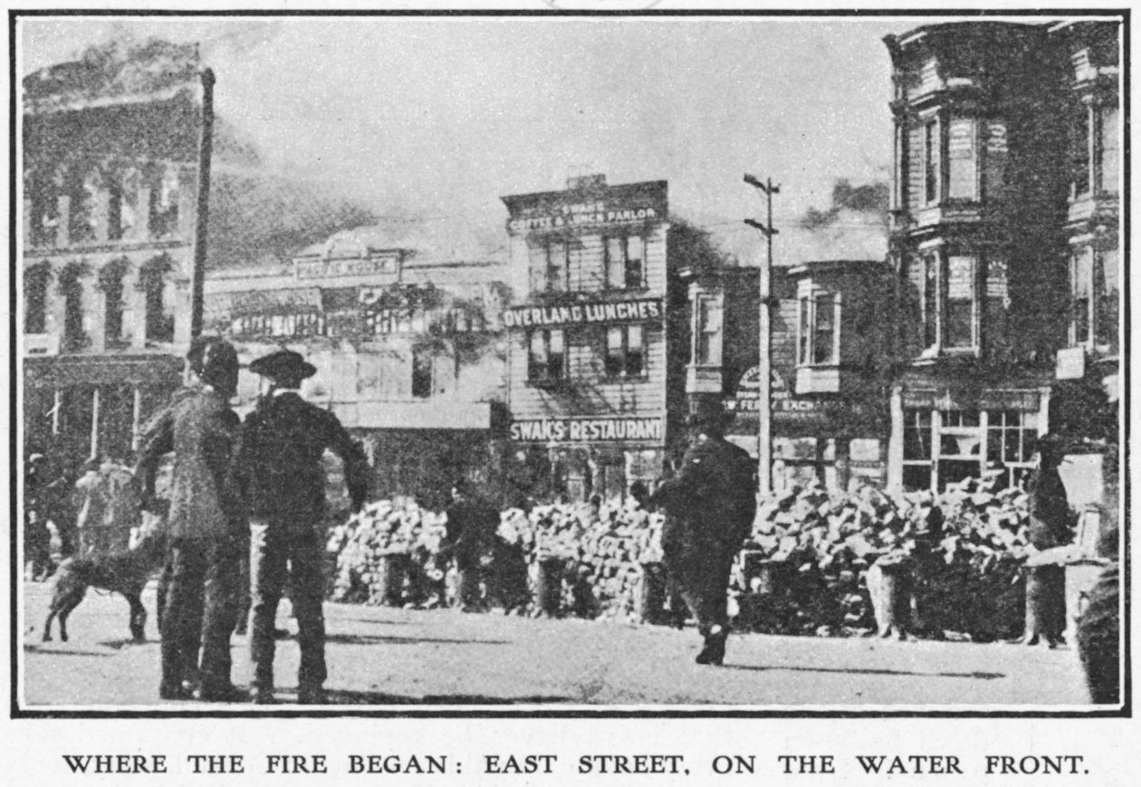 East Street, San Francisco, hvor brannen begynte under jordskjelvet i 1906, 1906 (se også 223357) av American Photographer
