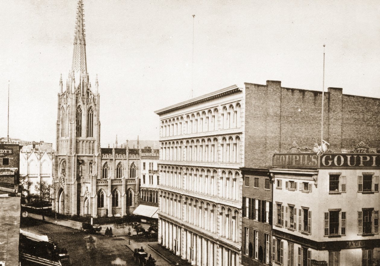 Grace Church og den gamle A. T. Stewart-butikken på Broadway i 10th St., New York City, 1868 av American Photographer