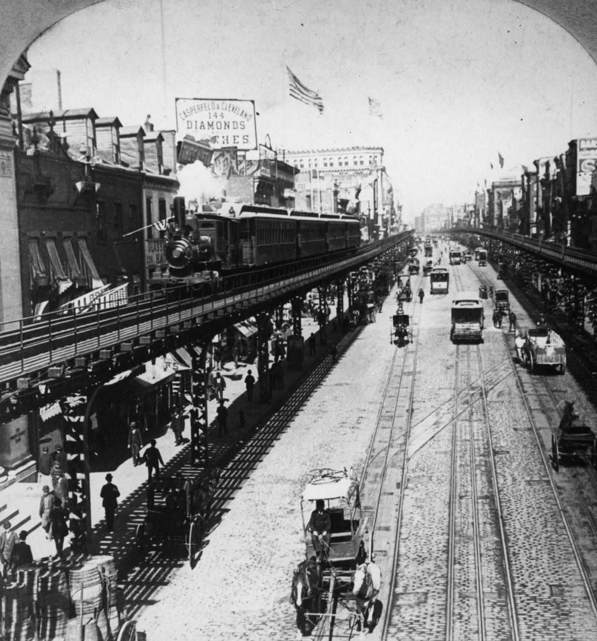 IRT Third Avenue Line langs The Bowery, New York, ca. 1897 av American Photographer