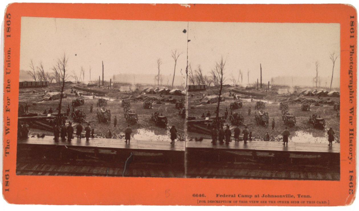 Stereokortvisning av Johnsonville, TN før evakuering når truet av Forrest, desember 1864, publisert av Taylor und Huntington, Hatford, Conn, ca. 1880 (sepia-bilde) av American Photographer