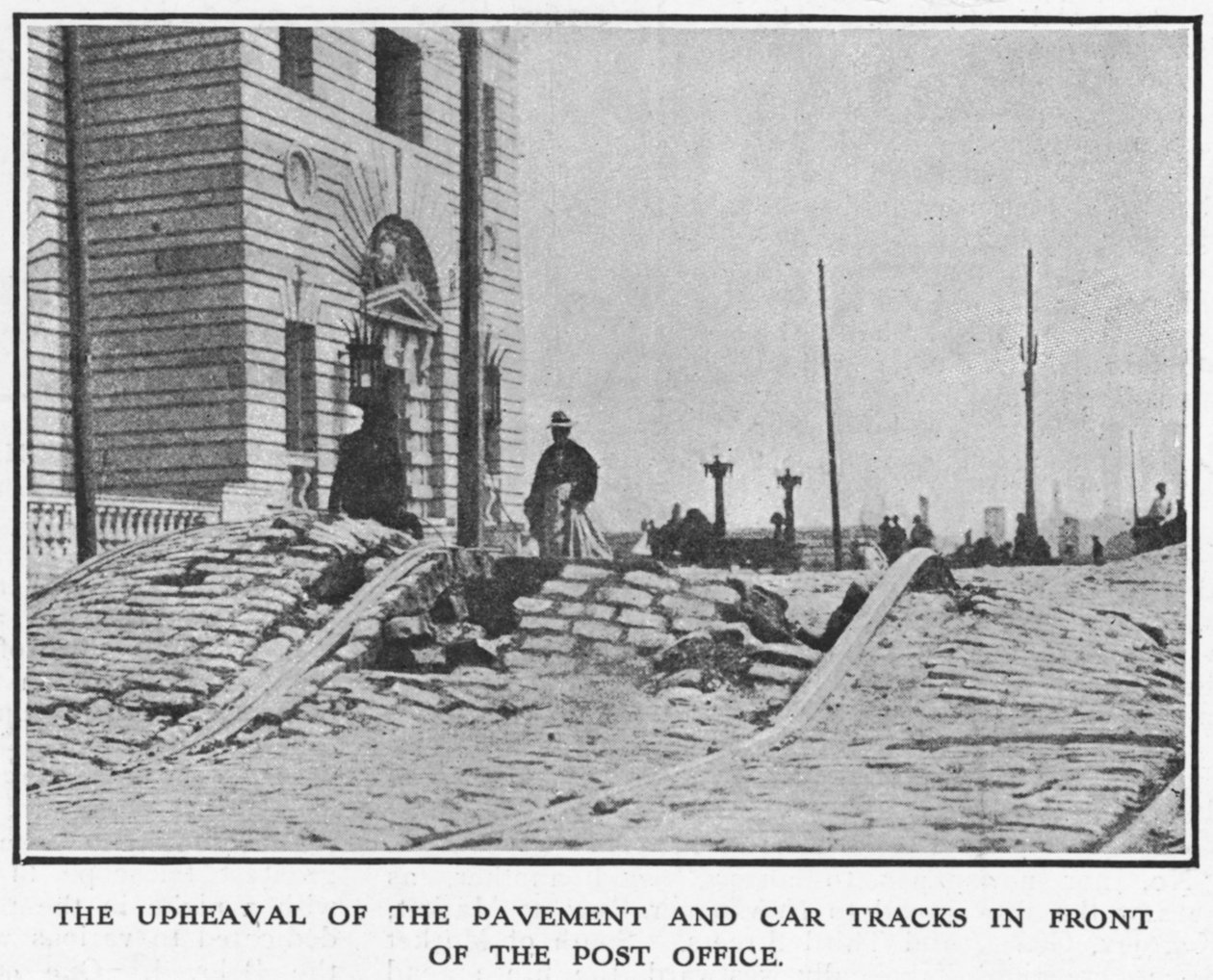 Omveltningen av fortauet og bilbanene foran postkontoret, etter jordskjelvet i San Francisco i 1906, 1906 av American Photographer