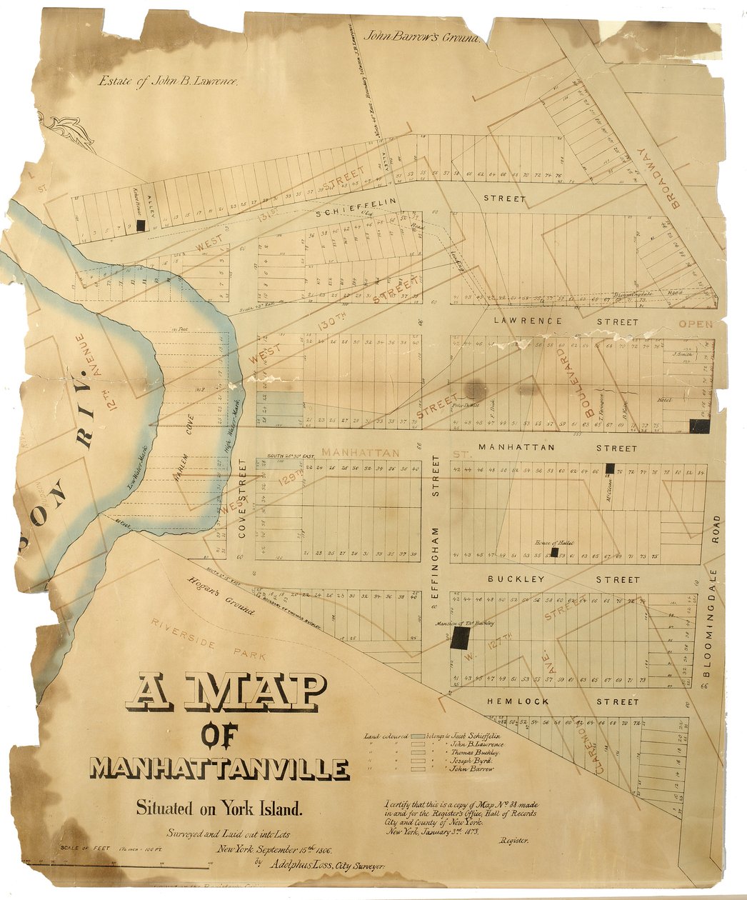 Et kart over Manhattanville som ligger på York Islands, kartlagt og lagt ut i partier av Adolphus Loss, 1806 (Penn-og-blekk (svart og farge), akvarell på papir; montert på tøy) av American School