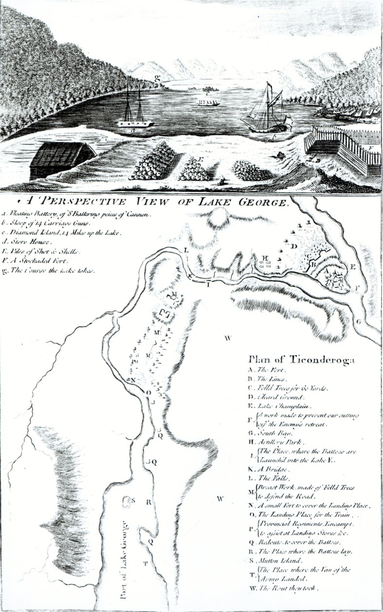 En perspektivvisning av Lake George og en plan for Ticonderoga av American School