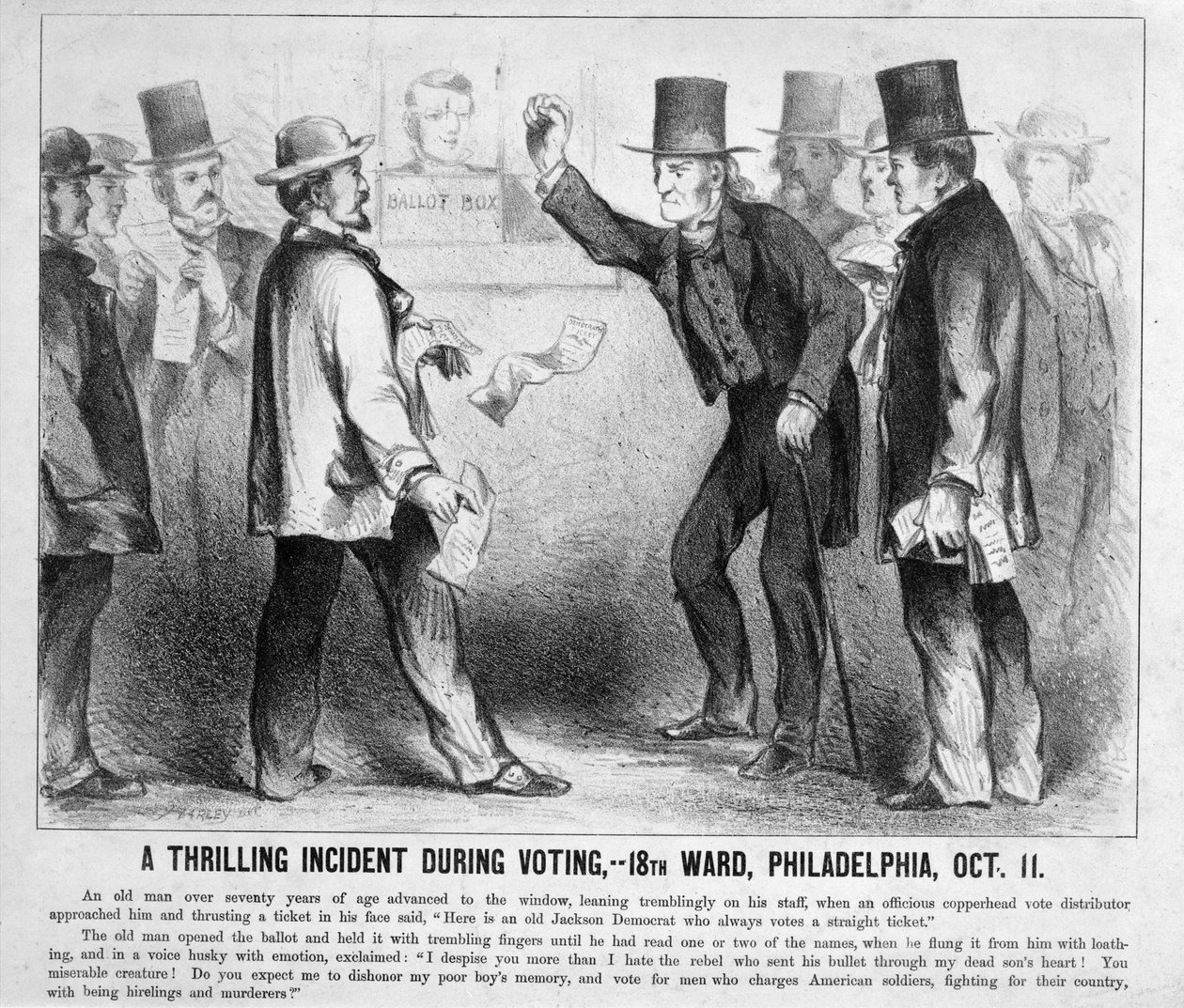En spennende hendelse under avstemningen, Philadelphia, ca. 1863 av American School