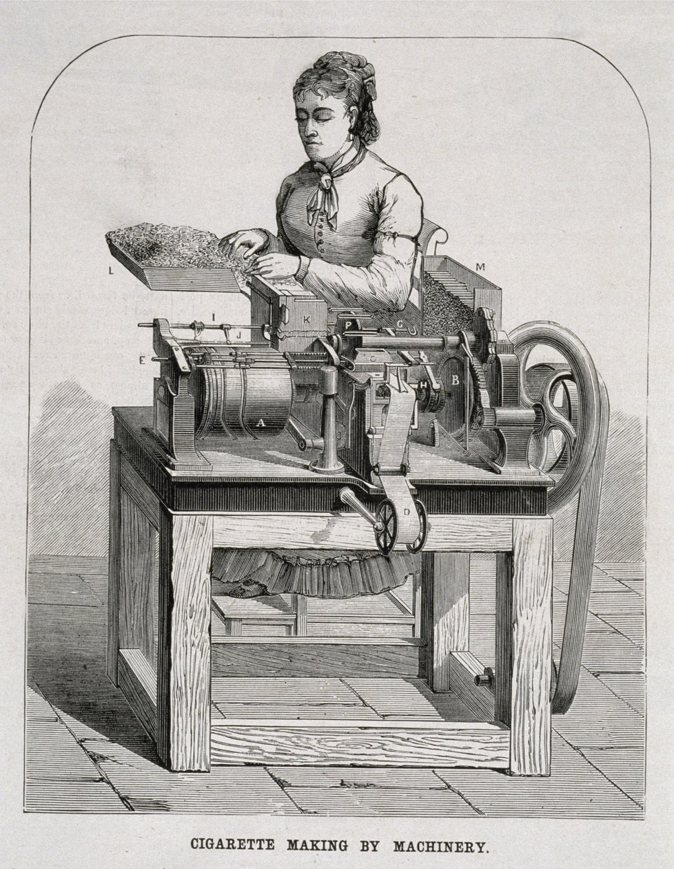 En kvinne som driver en fransk sigarettrullemaskin, 1878 av American School