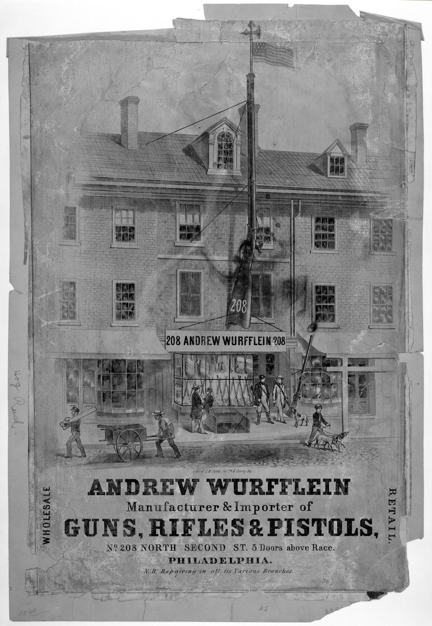 Reklame, Andrew Wurfflin. Gun Maker, Philadelphia, ca. 1850 av American School