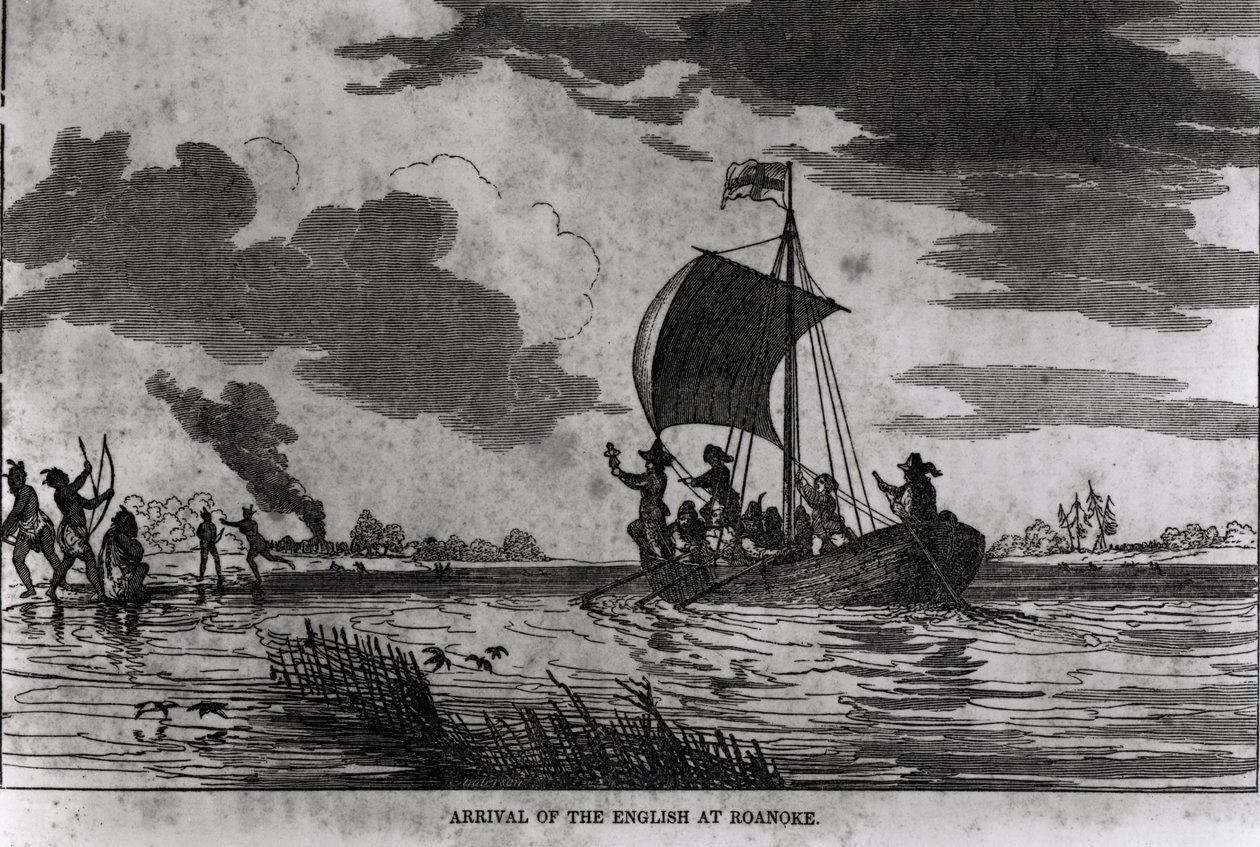 Engelskmennenes ankomst til Roanoke, 1587, fra Justin Winsors 