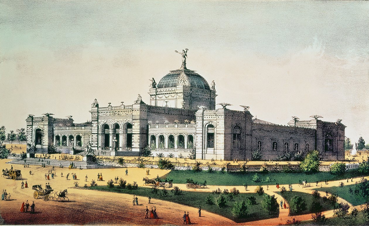 Art Gallery, Grand United States Centennial Exhibition, Fairmount Park, Philadelphia, 1876, pub. av Currier und Ives av American School