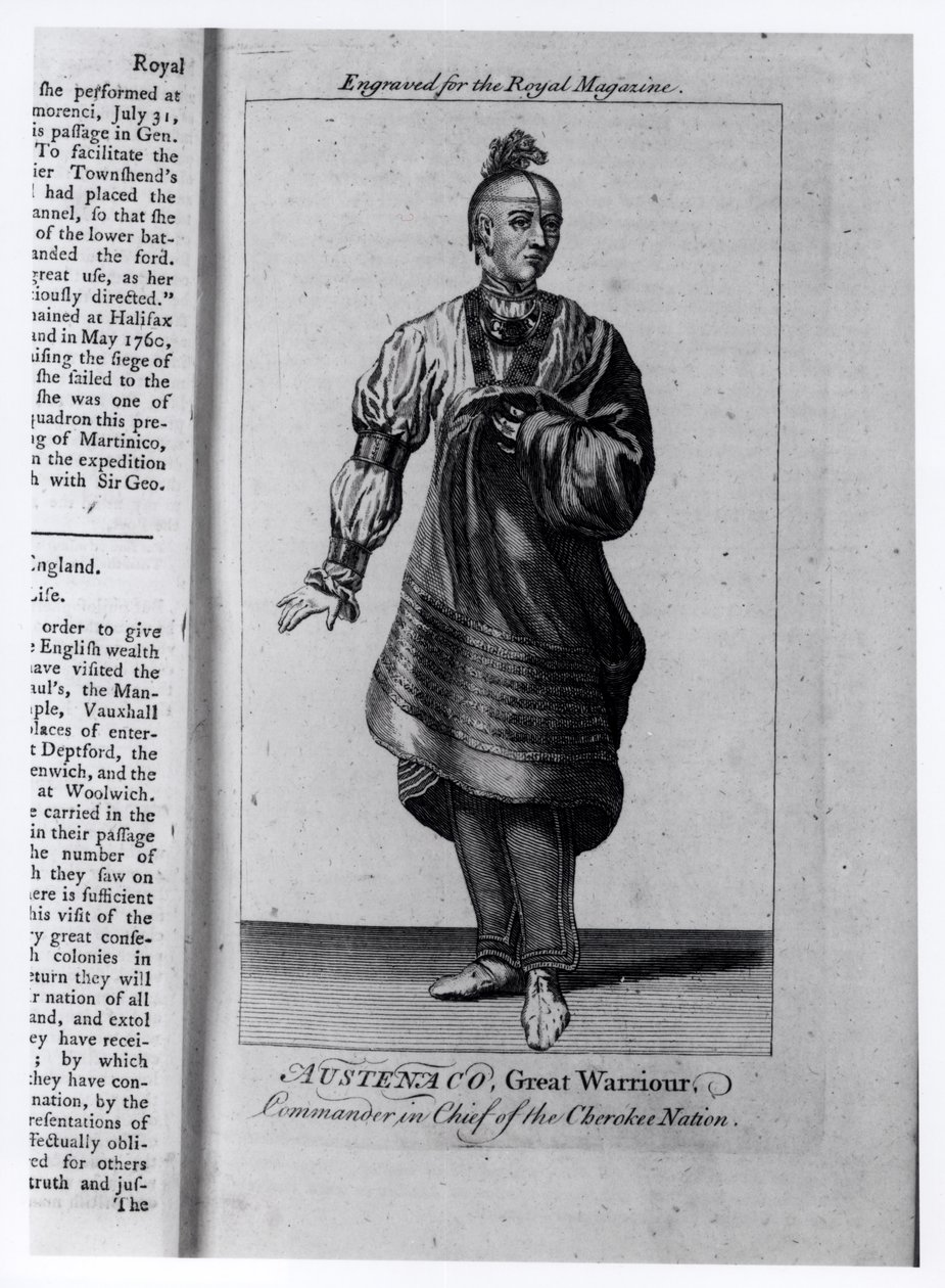 Austenaco, Great Warrior, øverstkommanderende for Cherokee Nation, illustrasjon fra 'The Royal Magazine', juli 1762 av American School